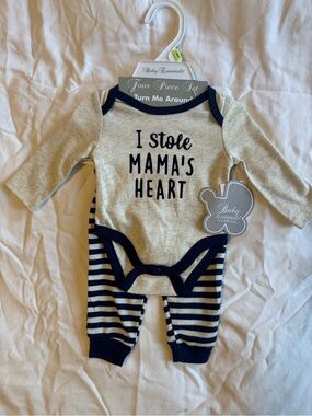 Baby Essentials Beige and Navy Striped 'I Stole Mama's Heart' One-Piece